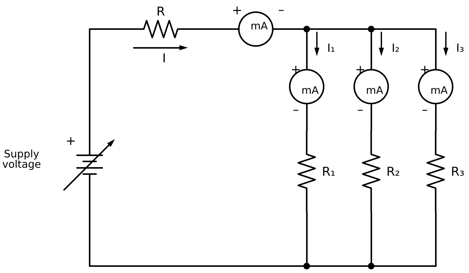 Circuit for verification of KCL: supply current I dividing into three parallel branches R1, R2, R3 carrying I1, I2, I3