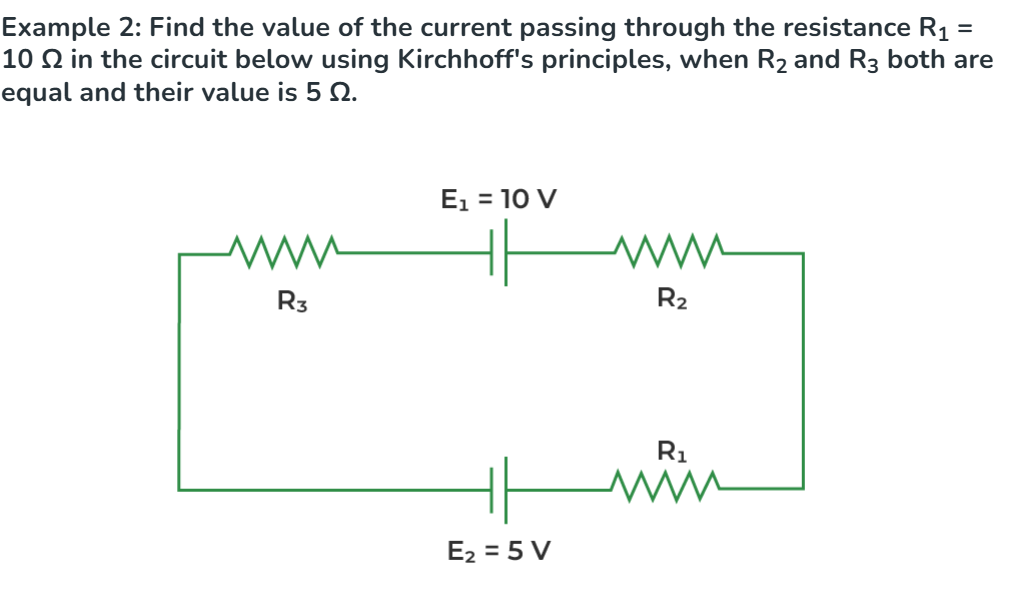 Series loop with sources E1=10V, E2=5V and resistors R1=10 ohm, R2, R3=5 ohm each